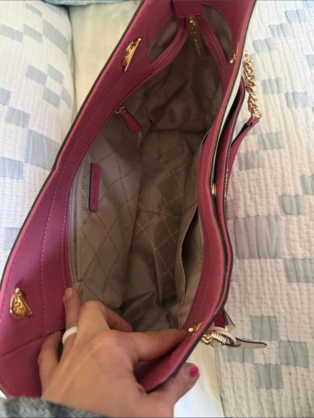 Michael Kors Fuchsia and Cream Colorblock Saffiano Leather Tote